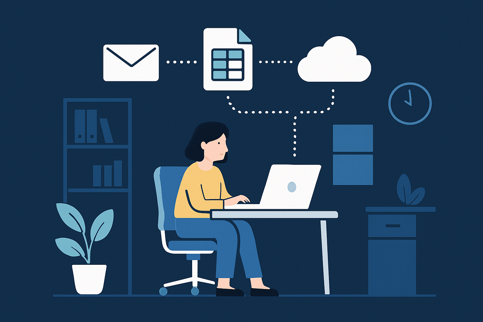 Office worker at laptop with automation icons above